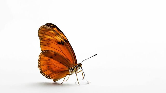 Close-up of an orange butterfly with intricate wing patterns on a white background.