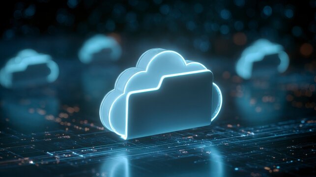 Glowing digital clouds with a file folder symbol on a circuit board, suggesting data storage and access. Futuristic, neon - Powered by Adobe