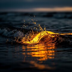 Abstract summer sunset over the sea with blue waves reflecting light on the liquid ocean surface and wet rocks