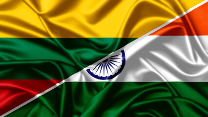 India and Lithuania partnership concept through waving flags of both nations merged together