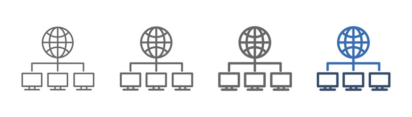 
outline icon set global network with globe and three computers design