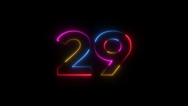 Colorful neon number twenty nine glowing brightly on dark background neon number 29 colorful glowing digit