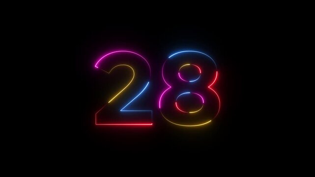 Colorful neon number twenty eight on dark background neon number 28 colorful neon sign glowing numbers