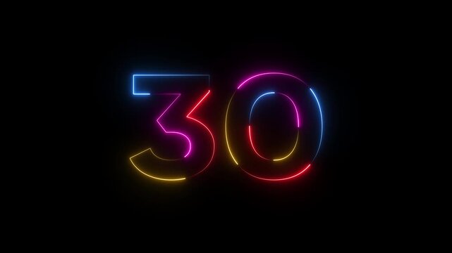 Neon Number 30 Glowing Multicolor Animation Thirty Countdown Timer Background Black Isolated glowing number