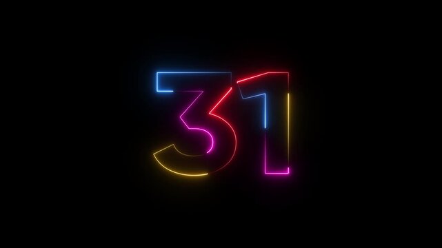 Colorful neon number 31 glowing bright on dark background colorful glowing digit bright neon light numeric display