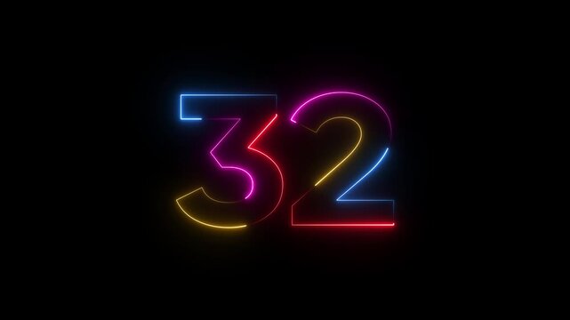 Colorful neon number thirty two on black background neon number 32 colorful neon sign thirty two neon