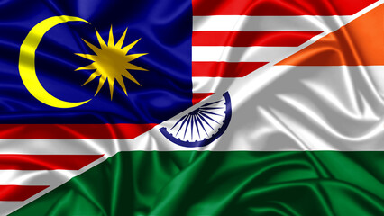India and Malaysia bilateral relationship concept with merged waving national flags and symbols