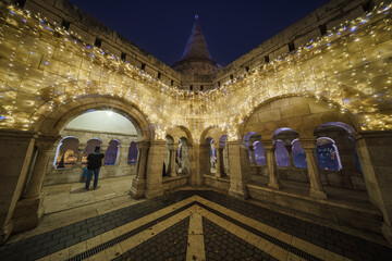 Illuminated fishermans bastion at christmas time in Bdapest, Hungary.