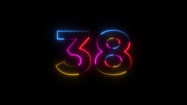 Colorful neon number thirty eight on black background with reflection neon number 38 colorful neon sign