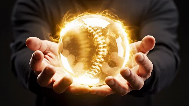 Close up of illuminated glowing energy ball held carefully in two cupped hands symbolizing powerful magic psychic ability or future forecasting in darkness