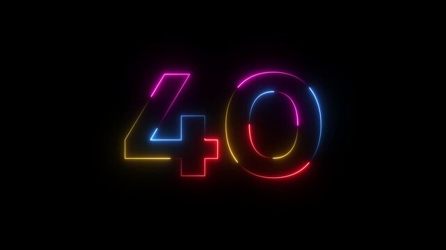 Colorful neon number forty glowing 40 sign with rainbow lights on black background neon number 40 colorful glowing sign