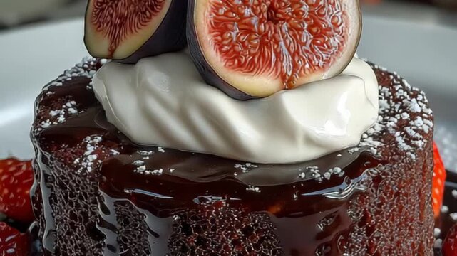 Close-up view of a cake topped with fresh figs, highlighting rich textures, natural colors, and an elegant dessert presentation