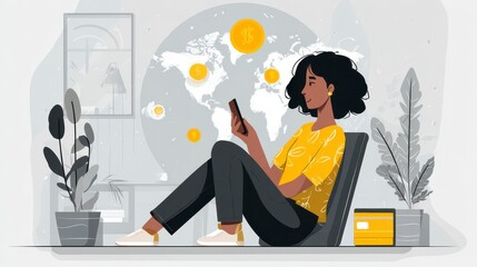 A woman is holding a phone, sitting in a chair, with globe background, representing cryptocurrency