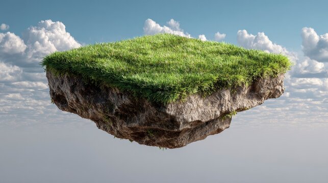 A surreal landscape, a floating island of earth with grass, rock edges, and blue sky with clouds. A visualization