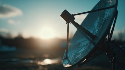 Closeup of satellite dish sharply in focus against a hazy sky emphasizing satellite communication technology enhancing wireless rail network coverage.