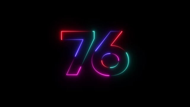 Neon Number 76 Glowing Multicolor Digital Display on Black Background for Technology and Countdown Concepts