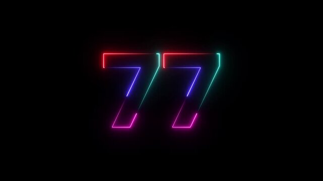 Glowing neon number seventy seven colorful neon light effect on dark background number 77 glowing number