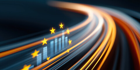 Speeding light trails forming dynamic European economic growth and logistics concept.