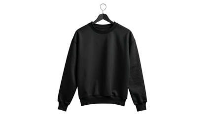 Black crewneck sweatshirt on a black hanger against a stark black background