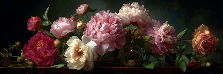 Bunch of pink peonies and roses