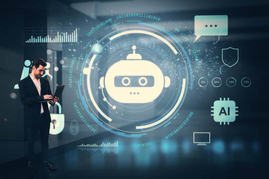 Businessman interacting with chatbot interface on digital screen in futuristic AI technology environment with virtual data and symbols. - Powered by Adobe