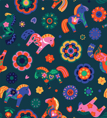 Seamless pattern with Dala Horses and flowers