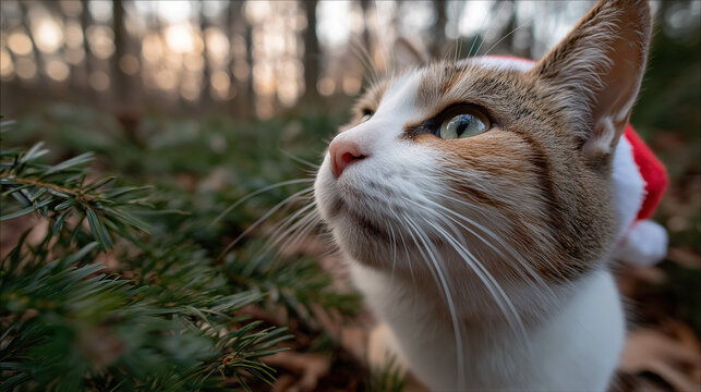 Curious festive cat wearing Santa hat exploring winter forest greenery. - Powered by Adobe
