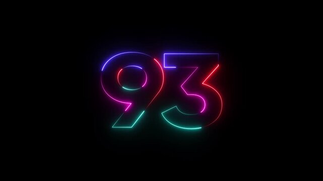 Neon number 93 glowing colorful numeric digit three dimensional animation