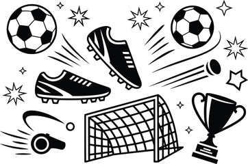 Soccer Equipment and Goal Line Art Illustration Set.