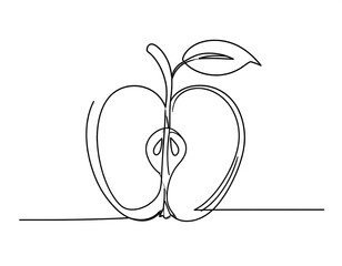 A black, single-line drawing of a sliced apple on white backdrop