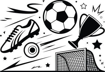 Soccer Equipment and Goal Line Art Illustration Set.