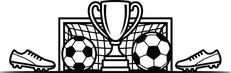 Soccer Trophy and Goal Illustration, Football Championship Line Art.