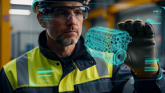 Industrial technician wearing smart glasses interacting with a blue holographic engine model, visualizing Industry 4.0 digital twin concepts.