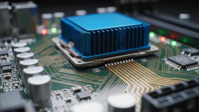 Closeup of a blue cpu cooler on a computer motherboard with various components