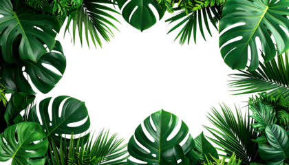 Lush green tropical foliage frames a dark central space, a naturalistic border