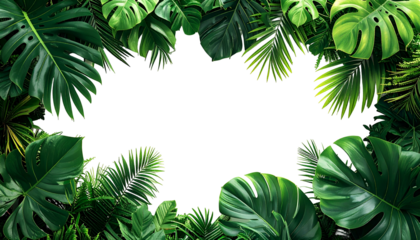 Vivid green tropical leaves form a natural border framing a black central space