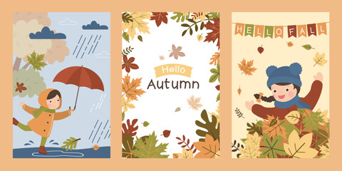 Obraz premium Set of Autumn greeting cards. Cute girl wearing warm clothes. Fall, autumn landscape with falling leaves. Female character have fun and walk outdoors in park