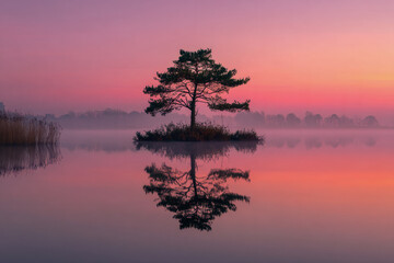 Solitary pine tree on a small island reflected in calm lake waters during a misty sunrise with vibrant pink and orange sky hues creating a peaceful scene