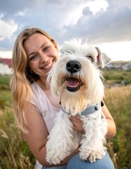 Smiling blond woman embraces her happy, white dog outdoors