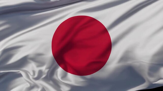 Cinematic shot of the Japanese National Flag (3:2 ratio) dynamically catching a gust of wind, creating dramatic ripples and sharp lines, 4K render.
