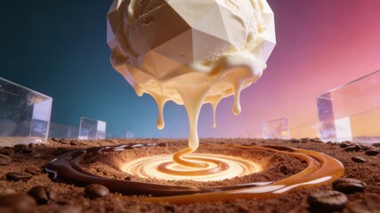 Geometric Coffee Ice Cream Sphere with Caramel Syrup and Coffee Grounds