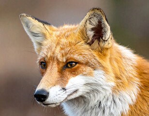 Obraz premium Portrait of a Fox: A striking close-up of a fox's face, displaying its cunning gaze, reddish-orange fur, and attentive ears, against a blurred background.