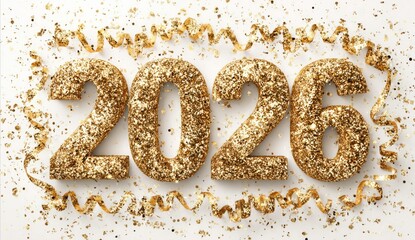 Golden 2026 with Glittering Confetti and Ribbon Streamers, Happy New Year Theme, Transparent Background