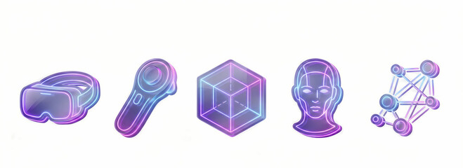 Futuristic neon gradient icons representing virtual reality, augmented reality, artificial intelligence, and data networks on a white background.