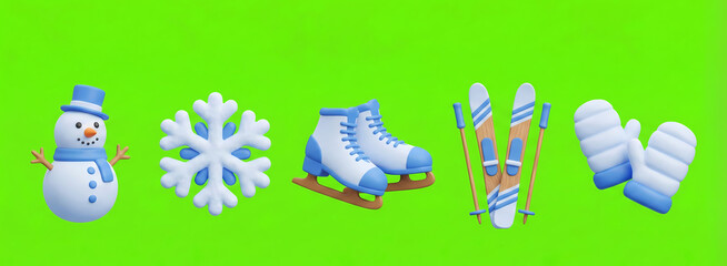 Detailed 3D rendered collection of winter sports equipment and seasonal items including a snowman, snowflake, ice skates, skis, and mittens on a vibrant green background.