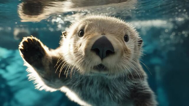 close up face cute otter swimming under water looking at camera 