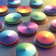 A 3d render of a group of abstract glossy spheres in a colorful rainbow pattern features bright red, blue, and green round plastic balls for a vibrant decorative design