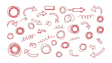 Creative Direction Elements: A collection of various red-colored drawn arrows and circular shapes that serve as fundamental design components, ideal for emphasizing direction, guiding focus.