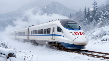 Winter, snowfall, blizzard. A high-speed train rushes across the vast expanses of the country. Speed, blurry image. Large red numbers on the train read 2026.