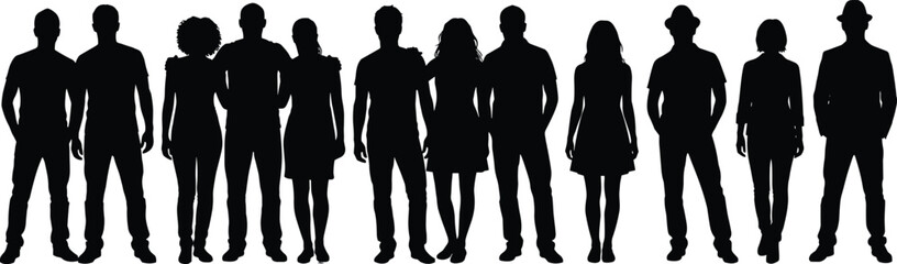 Group of people silhouette, black vector art, social gathering concept, minimal design, human figures, white background, crowd illustration